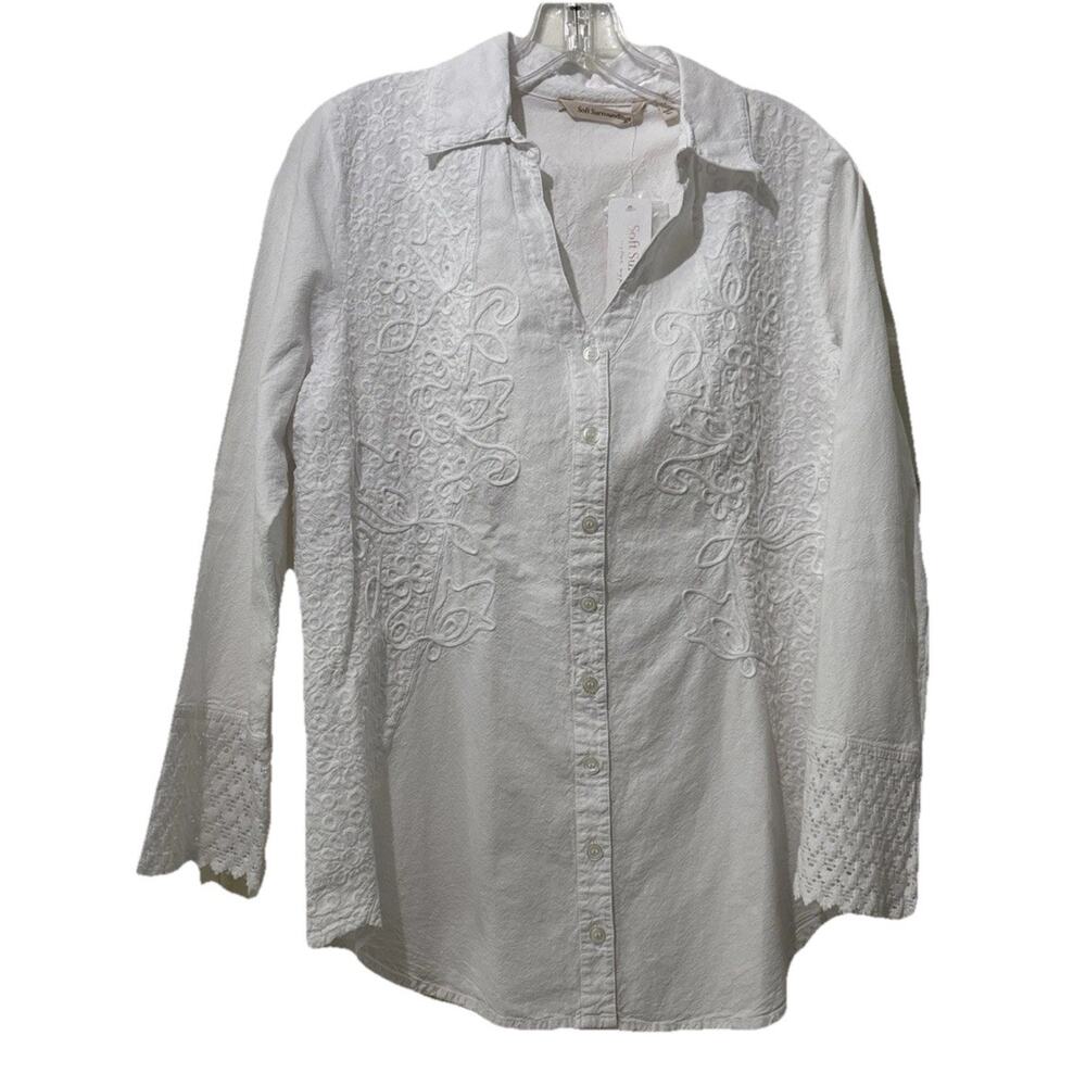 NWT Soft Surroundings Embroidered Blouse Size PM White Lace Samantha Soutache